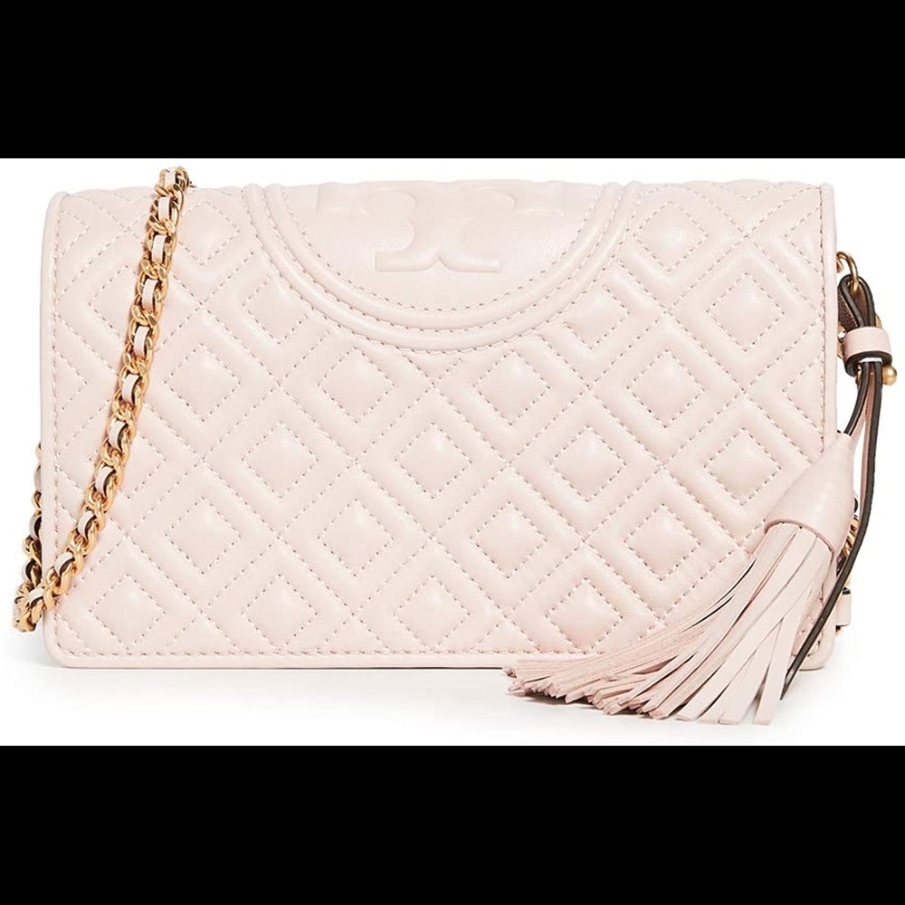 Tory Burch Quilted Crossbody Bag in Pale Pink with Gold Chain